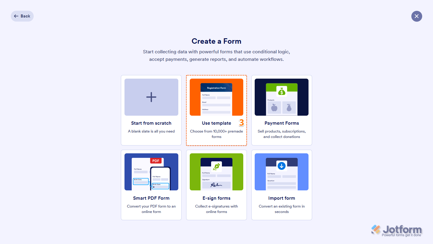 Jotform form creation page with the Use Template button at the bottom, ready to open the Templates Gallery and browse pre-designed form templates