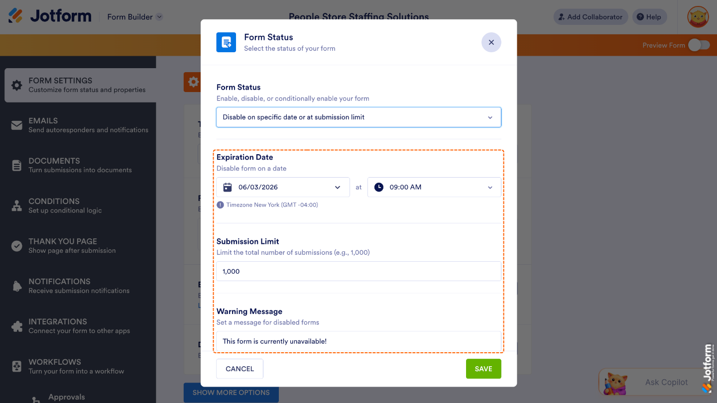 Form status settings showing expiration date, submission limit, and warning message options