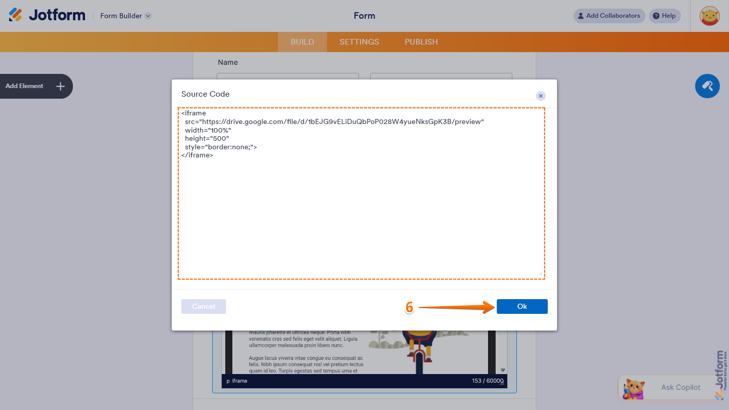 Source Code window showing code input box and OK button in Jotform