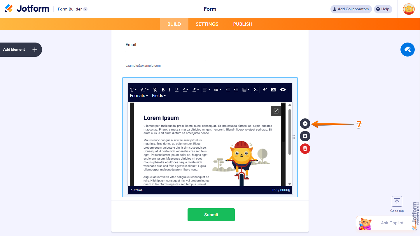 Paragraph Rich Text Editor showing Encircled Checkmark save icon in Jotform