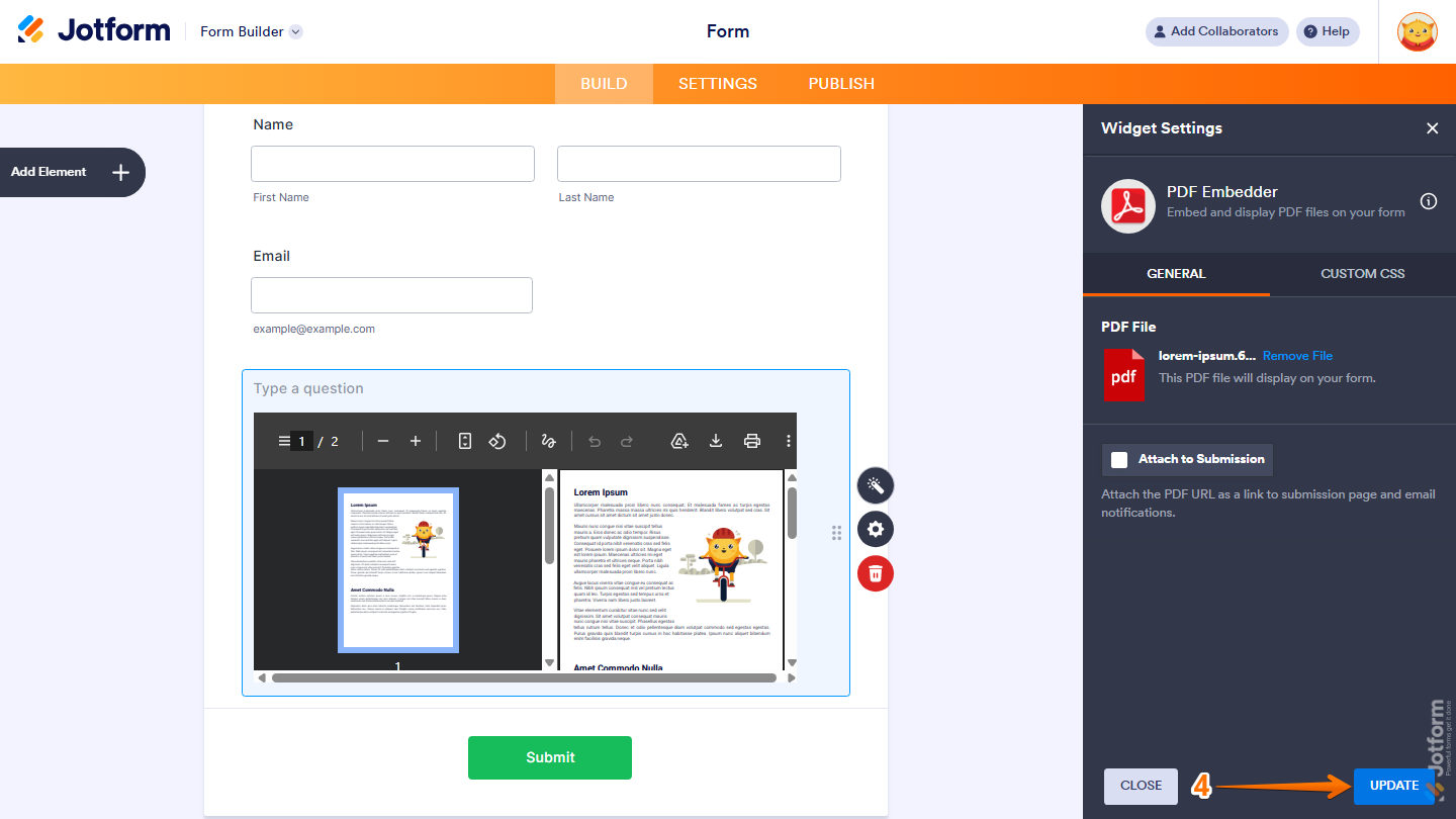 PDF Embedder Widget Settings showing Update button in Jotform