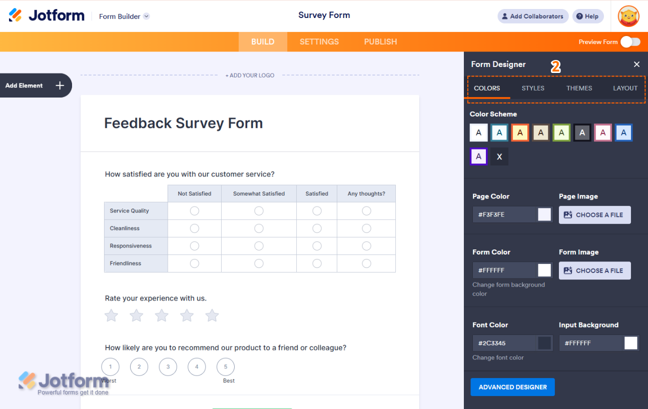 Jotform Form Designer menu showing the Colors, Styles, Themes, and Layout tabs for customizing form colors, typography, spacing, design themes, and Classic or Card layouts