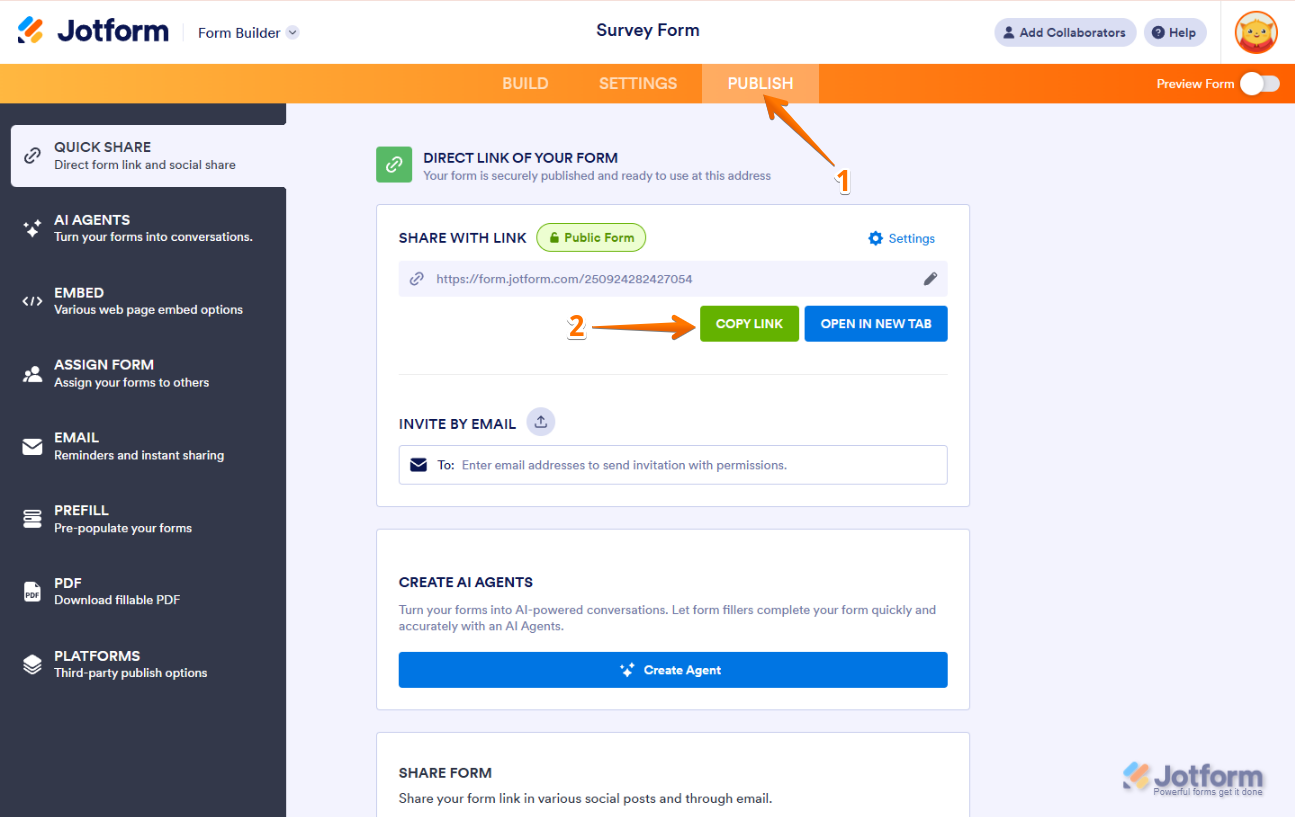 Jotform Form Builder with the Publish button in the orange navigation bar and the Copy Link option for sharing the published form with users
