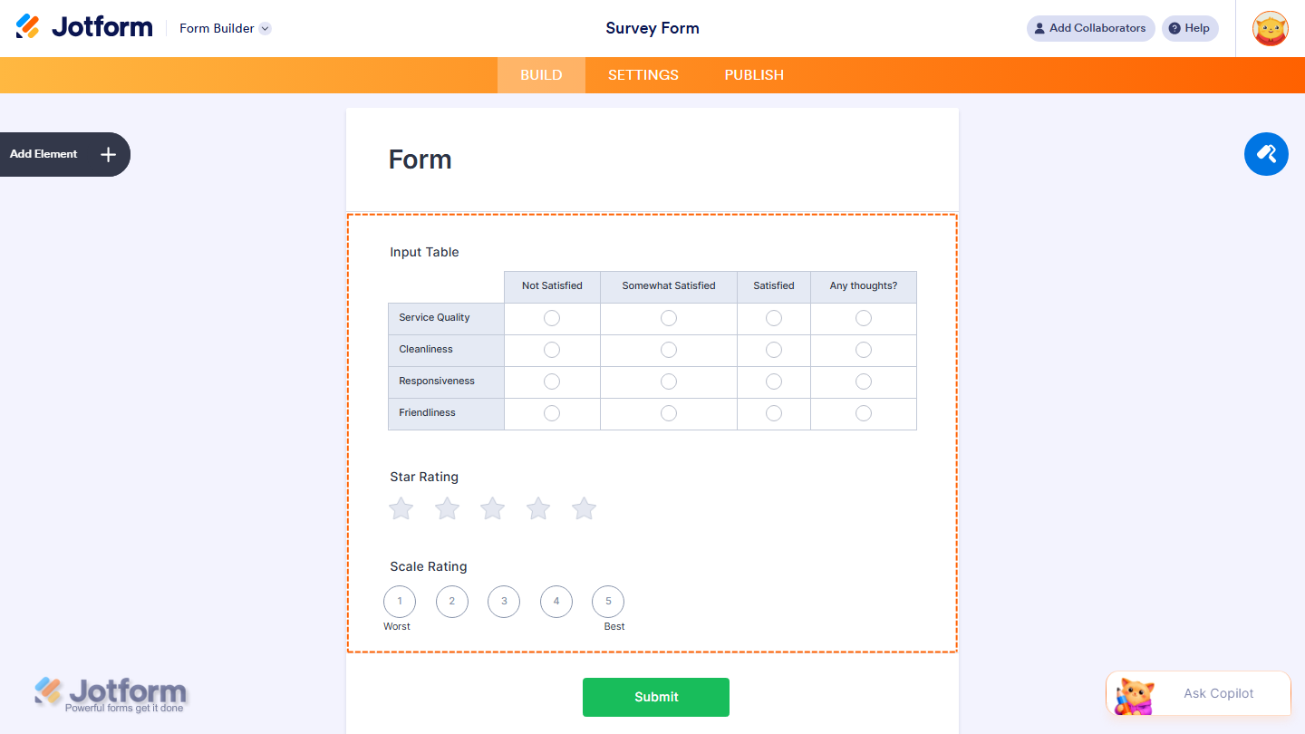 Jotform form showing a successfully added Survey Question element for collecting respondent feedback
