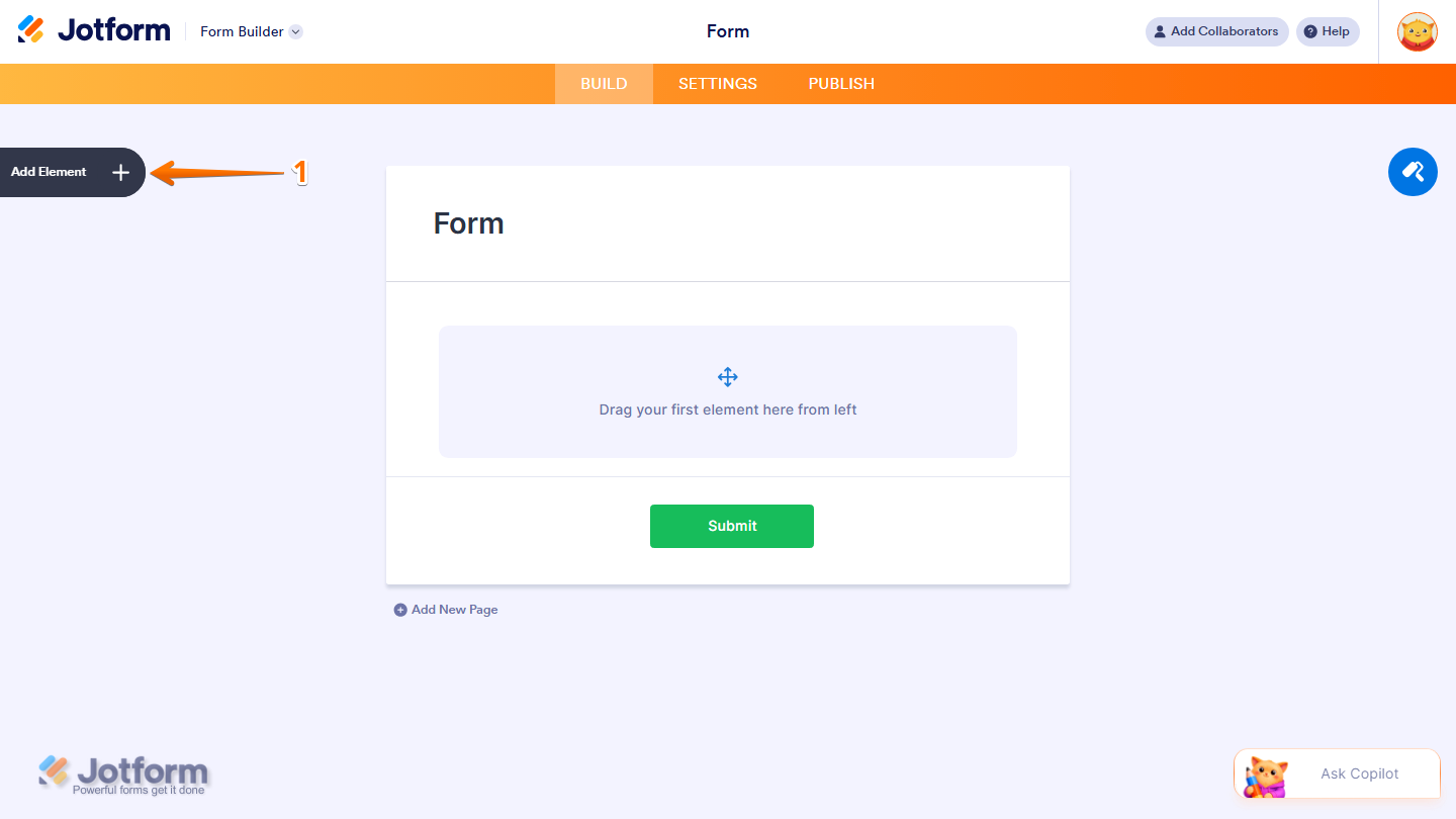 Jotform Form Builder with the Add Element button visible on the left side of the page for adding a new form element