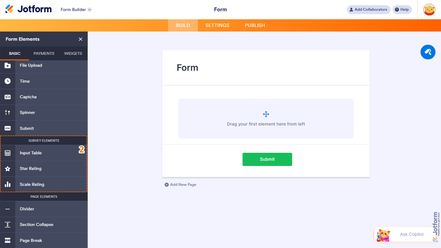 Jotform Form Elements menu showing the Survey Elements section with Input Table, Star Rating, and Scale Rating options for adding survey questions to a form