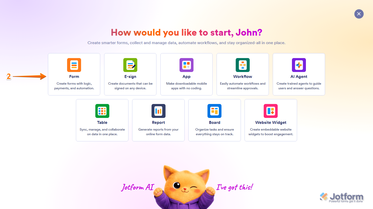Jotform Workspace Create menu showing the Form option for creating a new form