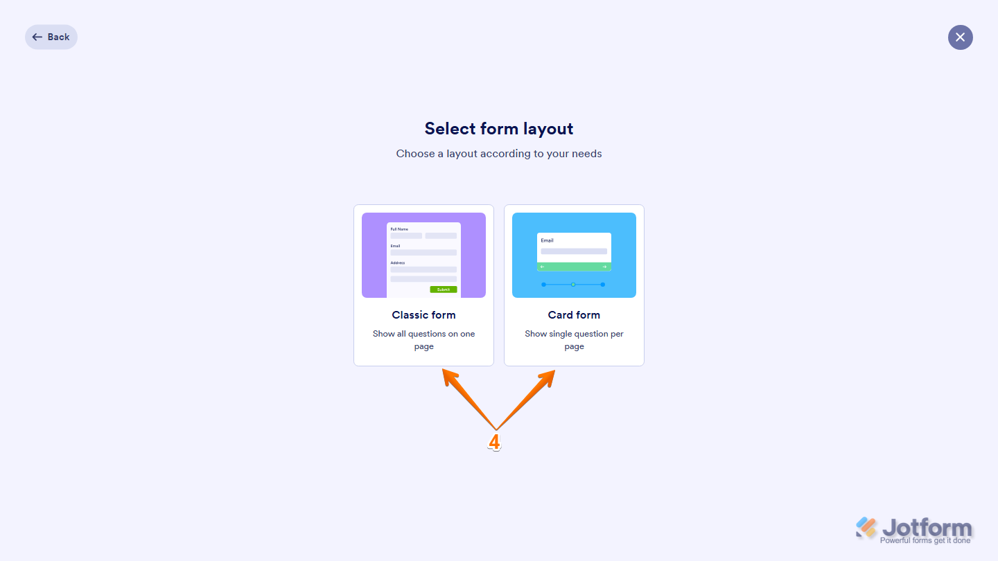 Jotform form layout selection screen showing Classic Form and Card Form options for choosing how questions are displayed