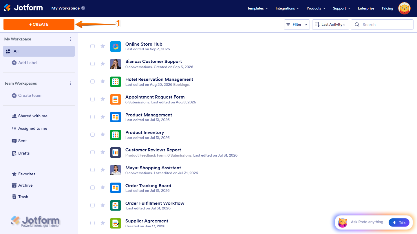 Jotform Workspace page with the Create button visible on the left side for starting a new Jotform project