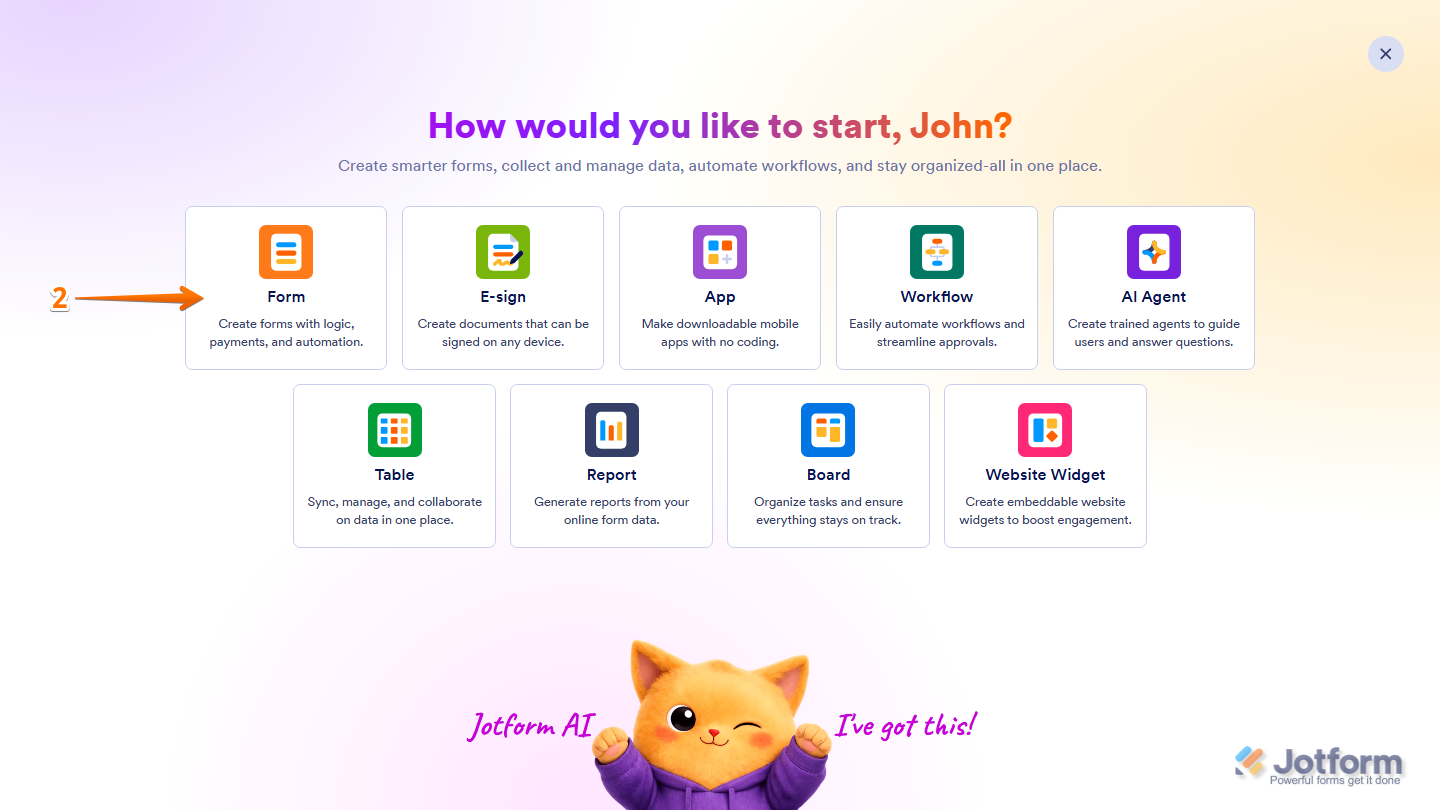 Jotform Workspace Create menu showing the Form option for creating a new form