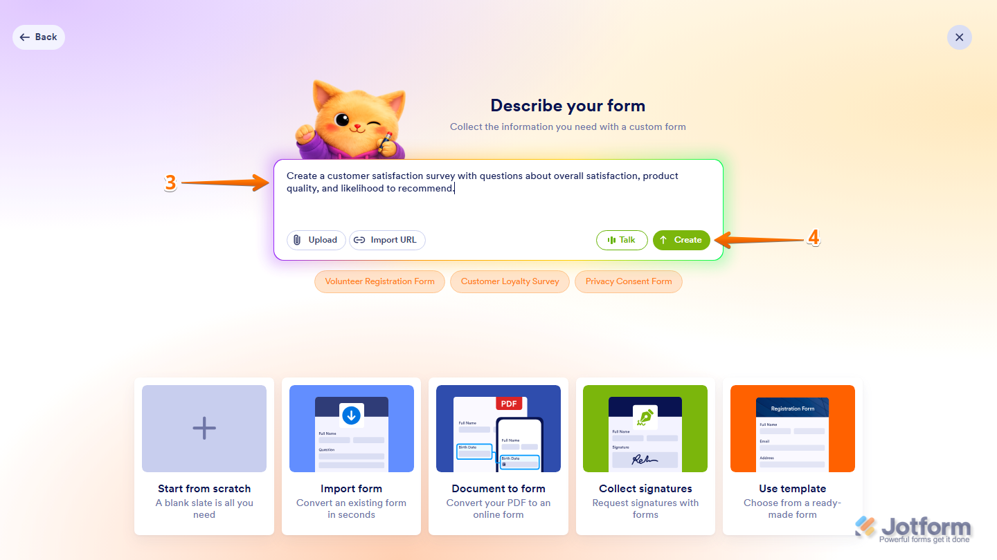 Jotform Describe Your Form section showing the Prompt box with sample survey prompts for customer satisfaction, employee engagement, and post-event feedback, along with the Create button