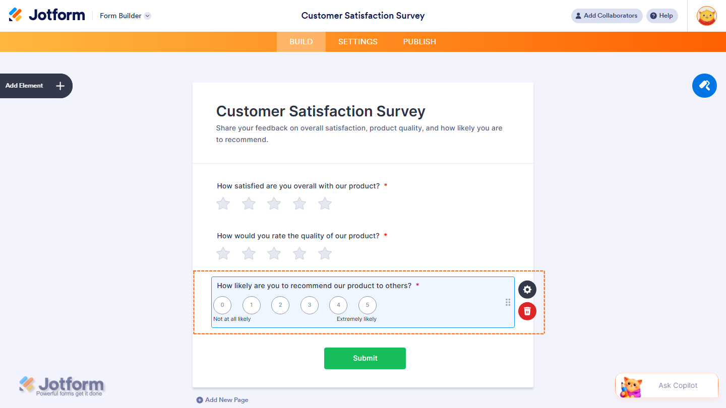 Jotform survey form generated from an AI prompt, ready for customization and use