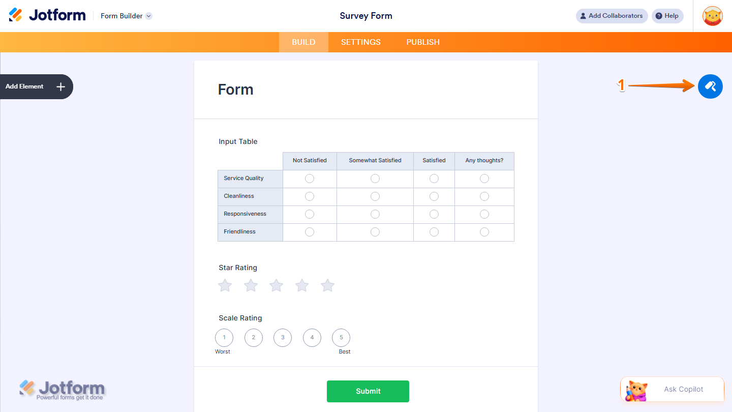 Jotform Form Builder showing the Paint Roller icon in the top-right corner for opening the Form Designer and customizing the form’s appearance