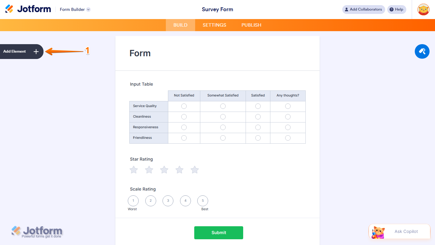 Jotform Form Builder with the Add Element button visible on the left side of the page for adding a new form element