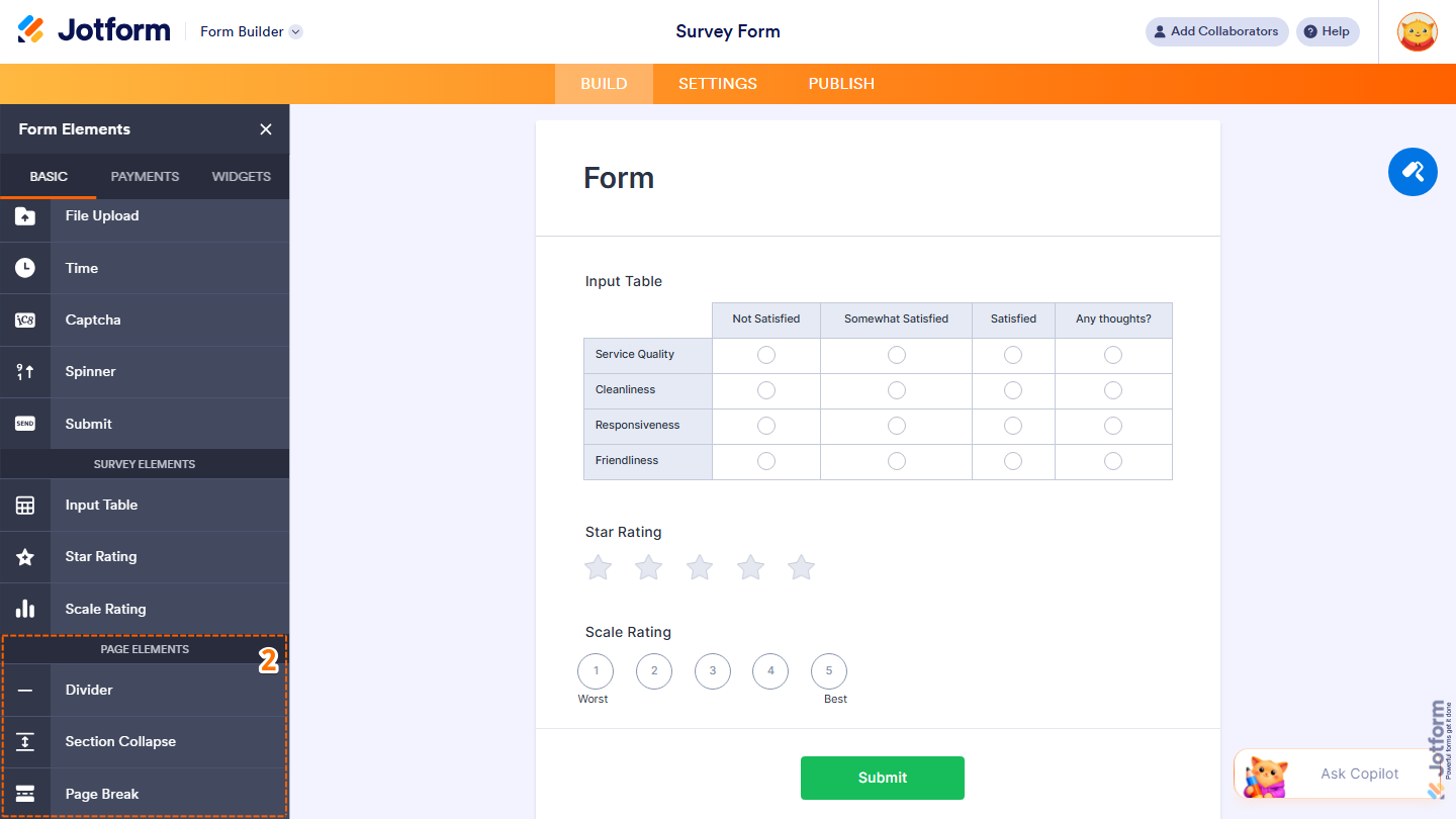 Jotform Form Elements menu showing the Page Elements section with Divider, Section Collapse, and Page Break options for organizing a survey into clear sections and pages