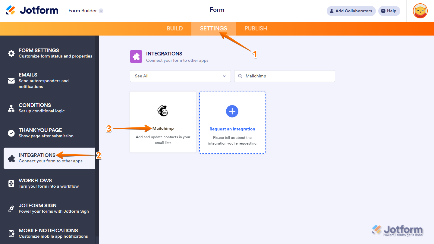 Mailchimp integration option in the Integrations page of the Jotform Form Builder