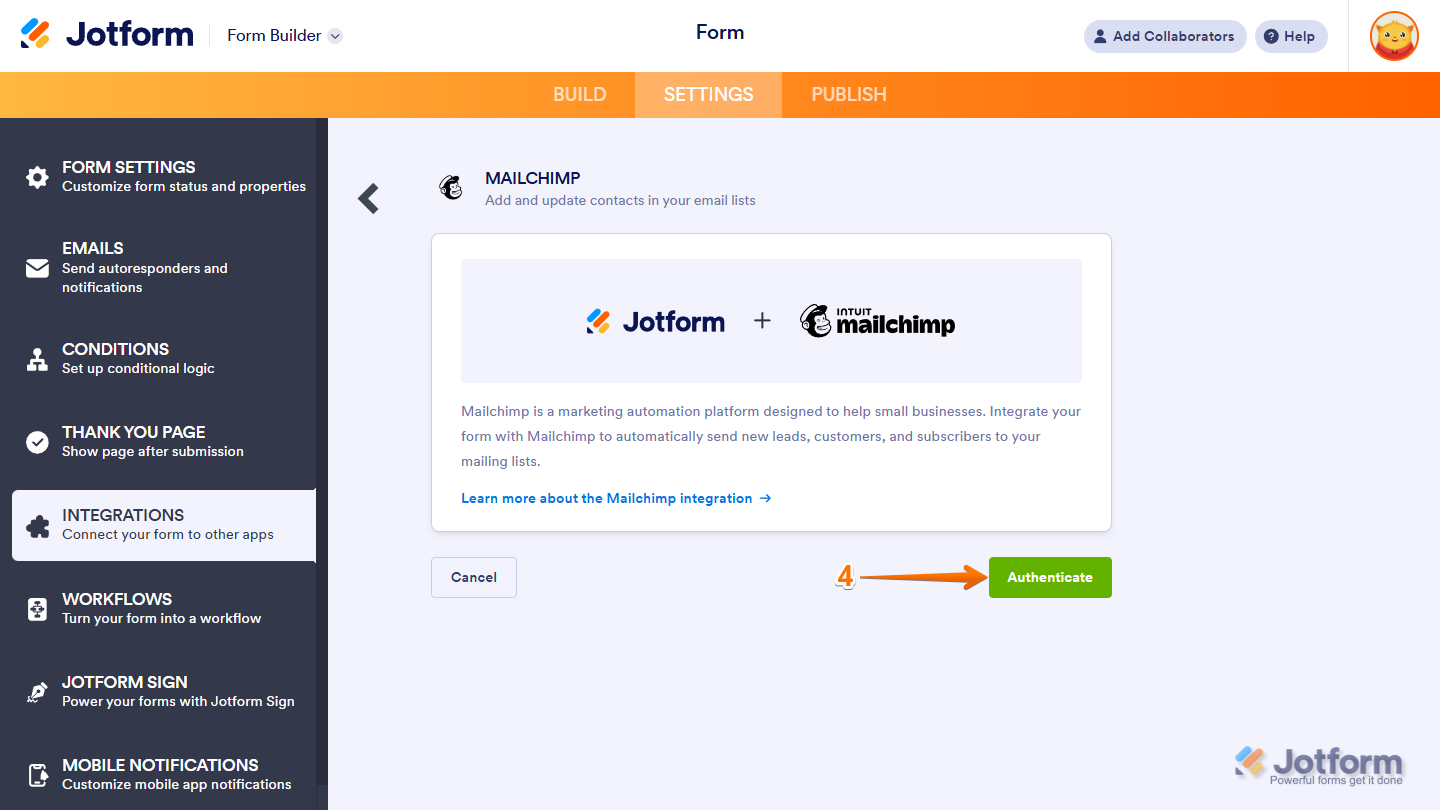 Authenticate button in Mailchimp integration