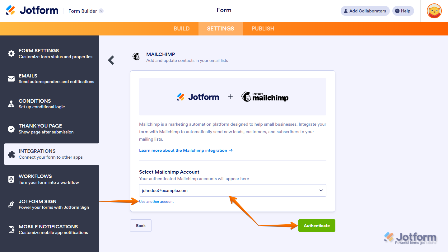 Select Mailchimp Account dropdown menu and the Authenticate button