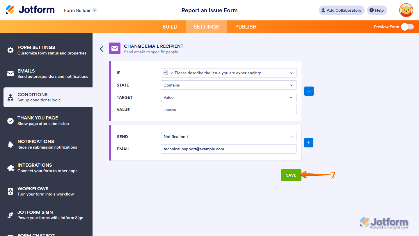 Save button in the Change Email Recipient section in the Conditions menu under the Settings tab in Jotform Form Builder