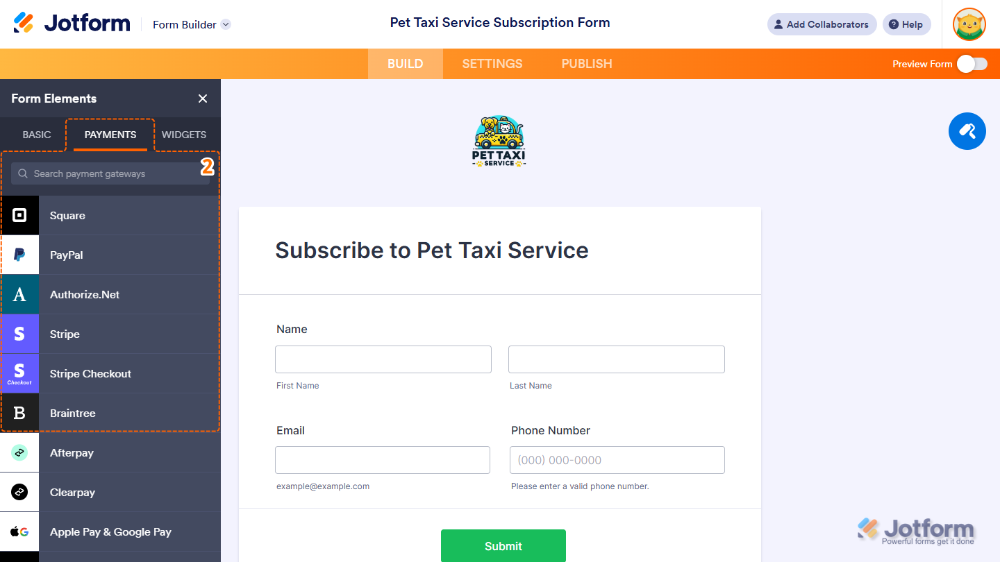 Payment fields under the Payments tab of the Form Elements menu in Jotform Form Builder