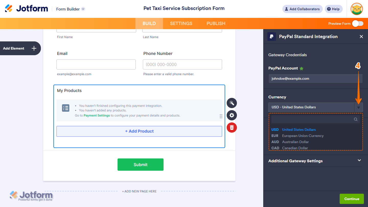 Currency Dropdown menu in the Integration window of a payment field in Jotform Form Builder