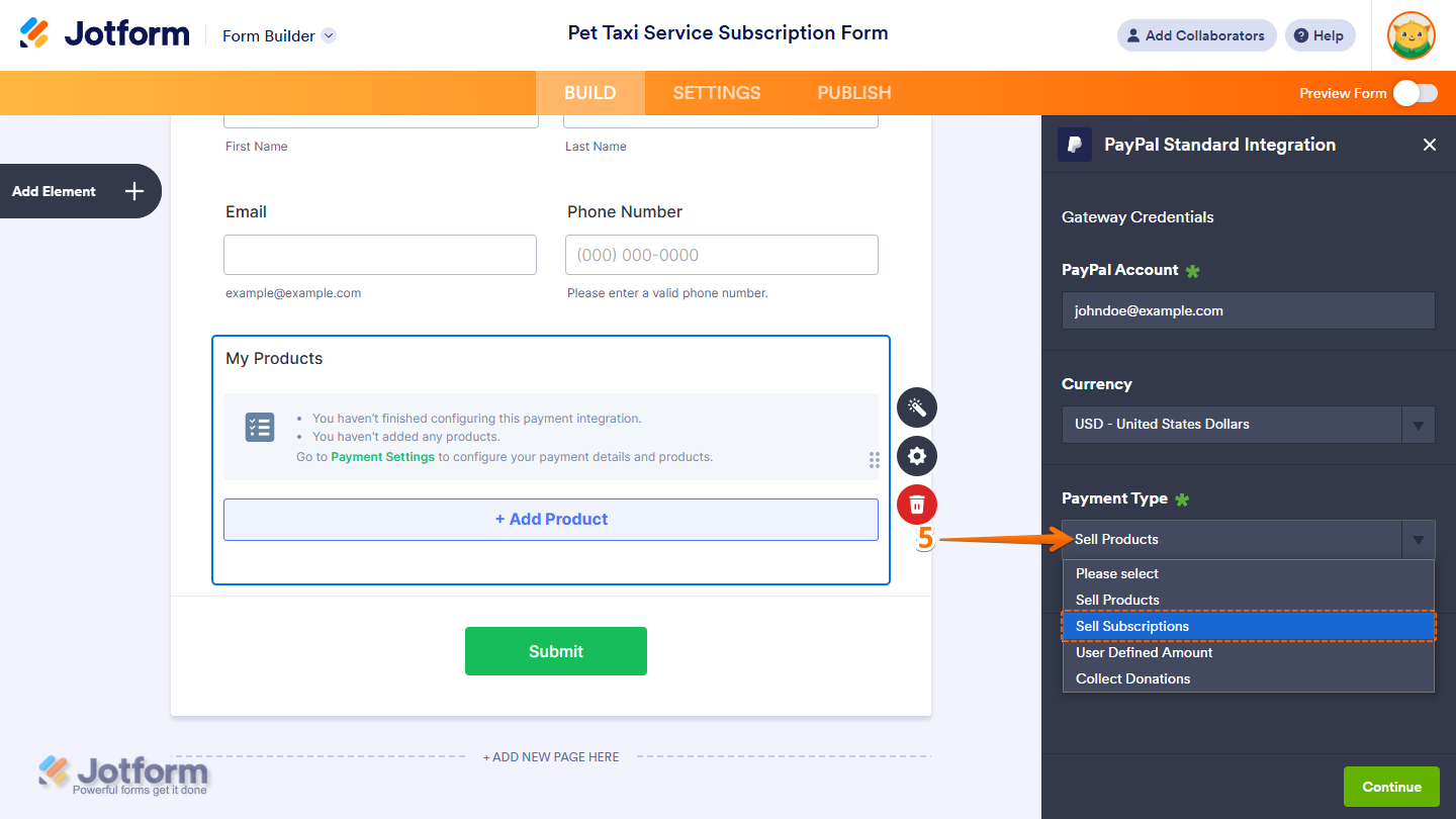 Payment Type Dropdown menu in the Integration window of a payment field in Jotform Form Builder