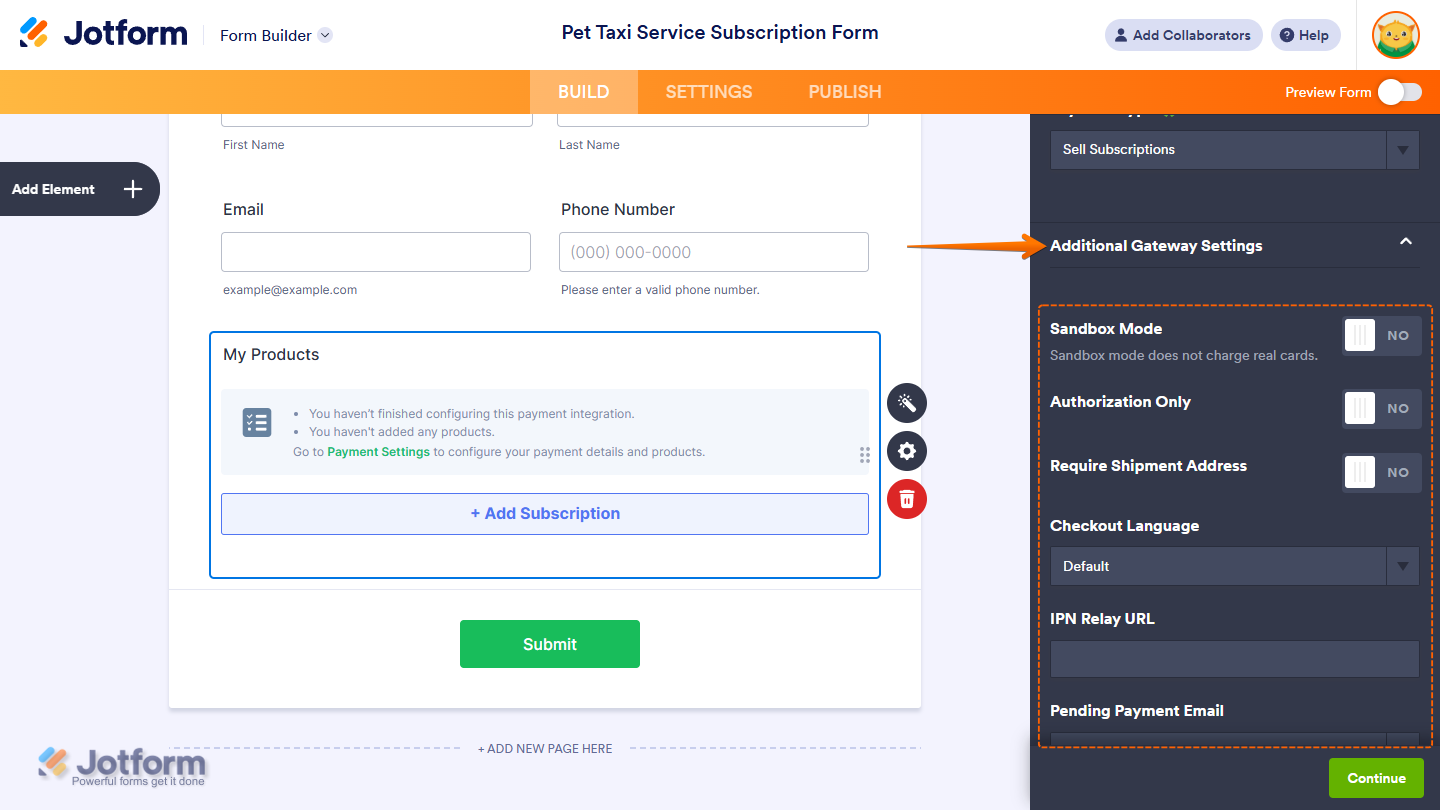Additional Gateway Settings section in the Integration window of a payment field in Jotform Form Builder
