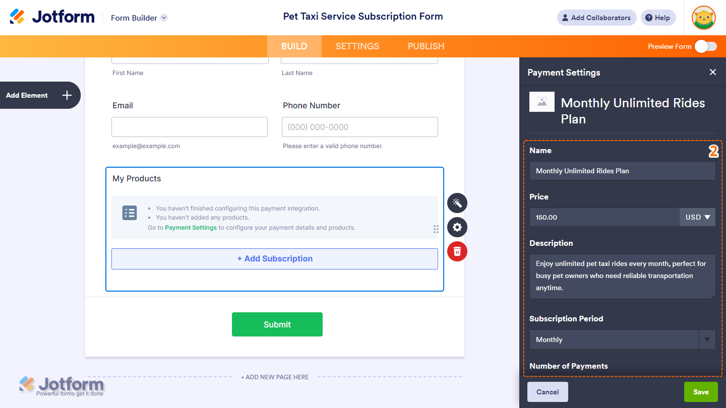 Subscription Settings section in the Payment Settings window of a payment field in Jotform Form Builder