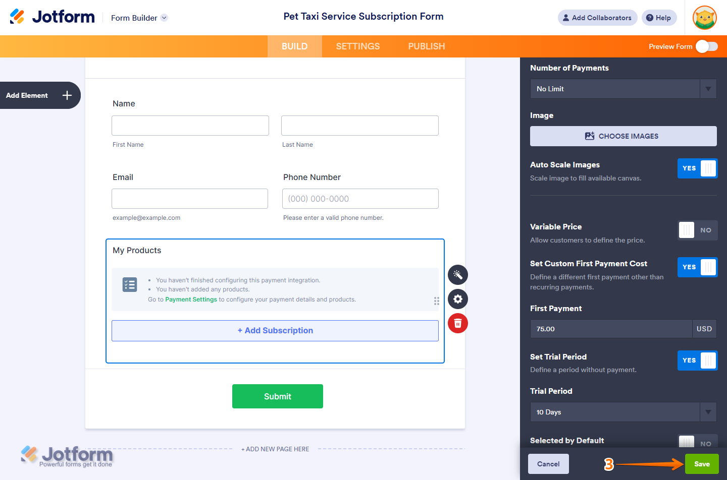 Save button of the Subscription Settings section in the Payment Settings window of a payment field in Jotform Form Builder
