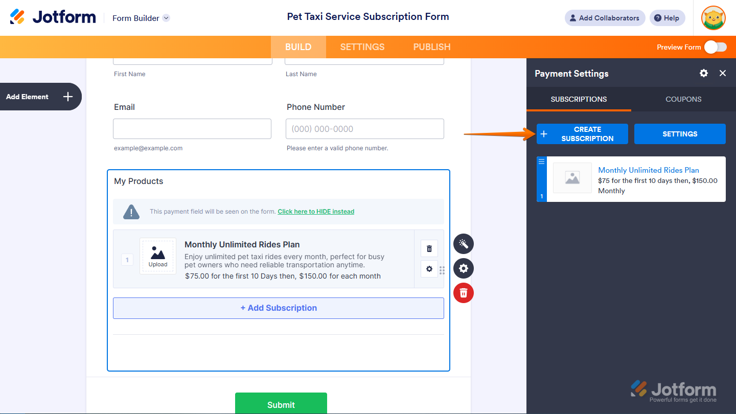 Newly created Subscription option in the Payment Settings window of a payment field in Jotform Form Builder