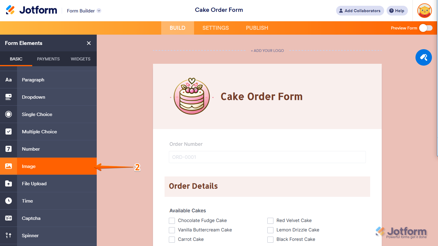 Image element under the Basic tab of the Form Elements menu in Jotform Form Builder