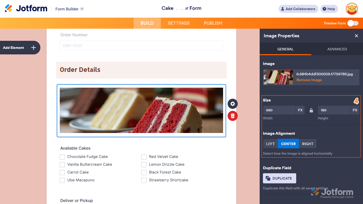 Size and Alignment properties under the General tab of the Image Properties window in Jotform Form Builder