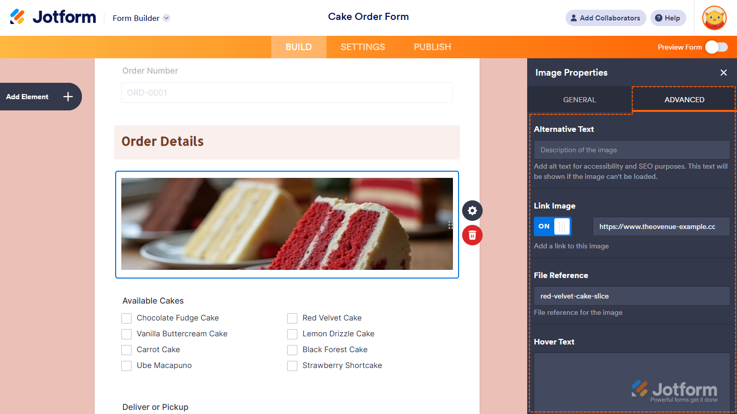 Additional properties under the Advanced tab of the Image Properties window in Jotform Form Builder