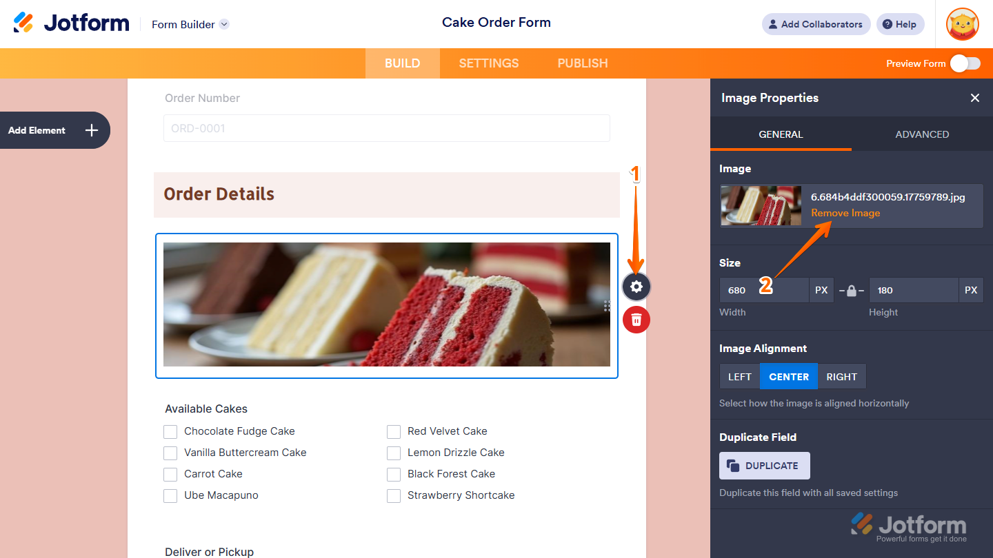 Remove Image button under the General tab of the Image Properties window in Jotform Form Builder