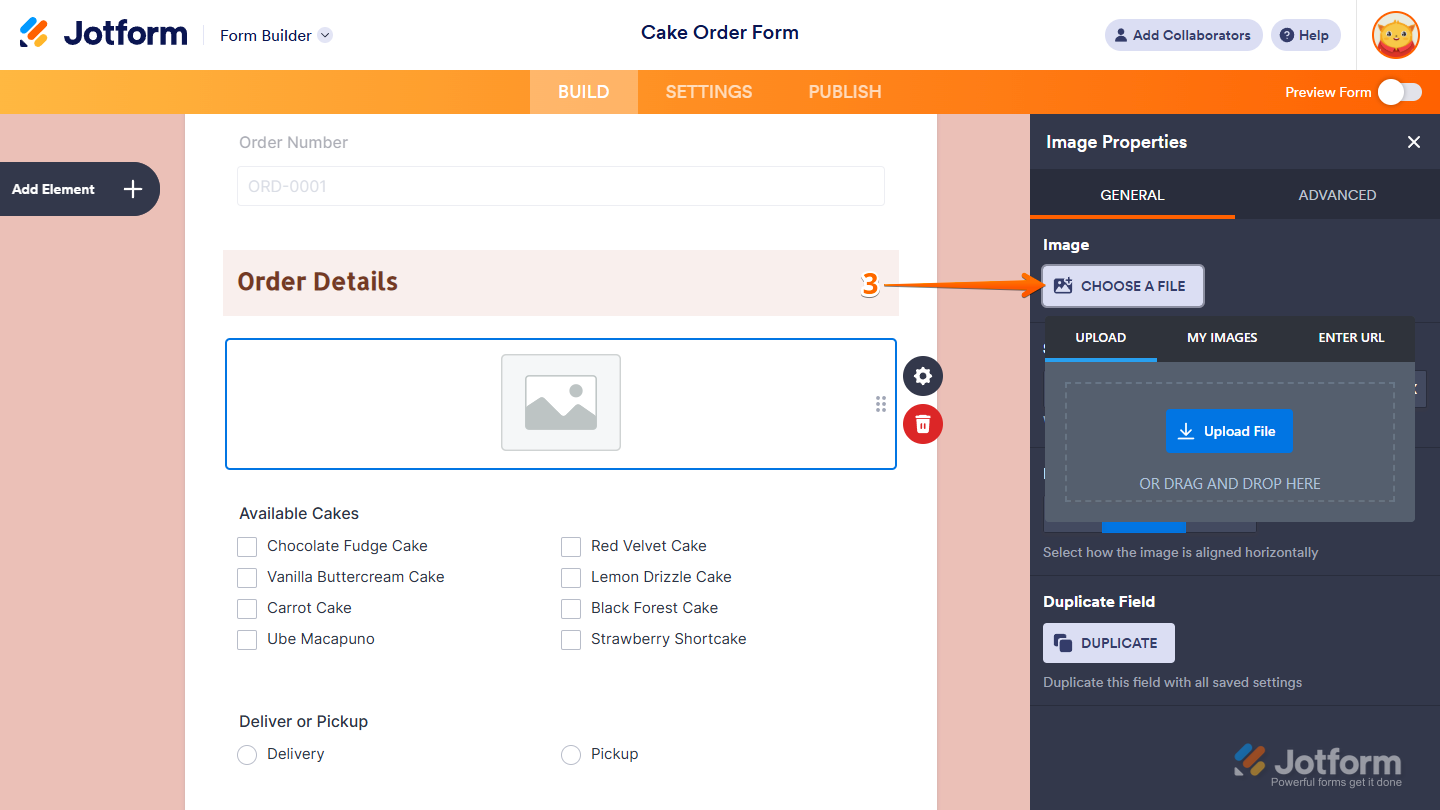 Choose a File button under the General tab of the Image Properties window in Jotform Form Builder