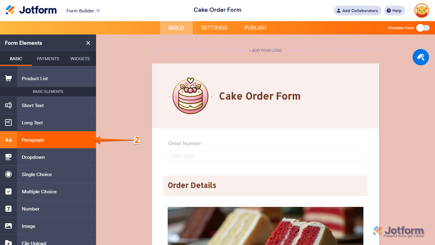 Paragraph element under the Basic tab of the Form Elements menu in Jotform Form Builder