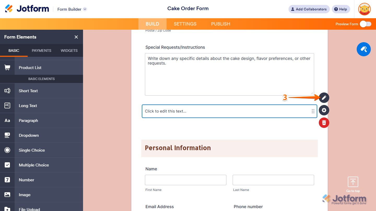 Edit button of the Paragraph element on the form in Jotform Form Builder
