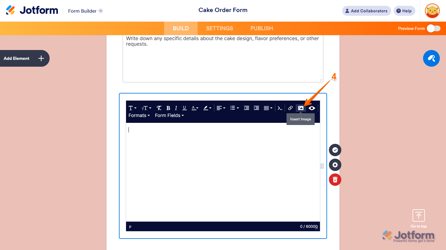 Insert Image tool in the Text Editor of the Paragraph element in Jotform Form Builder