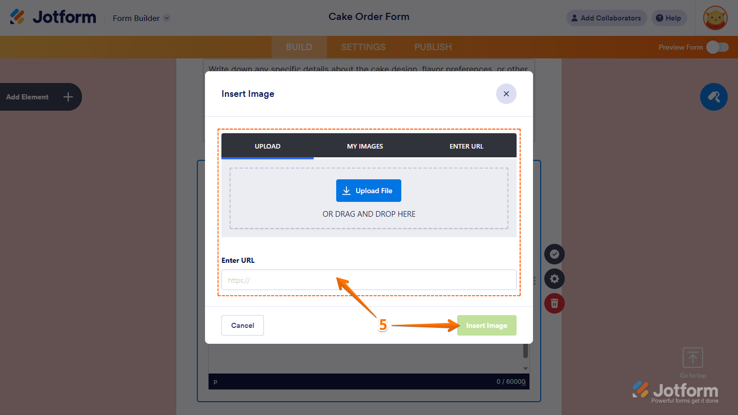 Insert Image window of the Paragraph element in Jotform Form Builder
