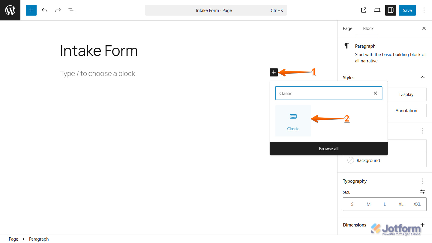 Add Classic Block in WordPress editor