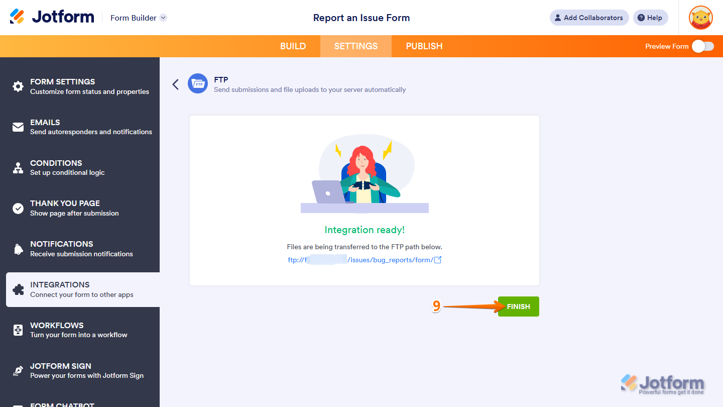 Finish button in the FTP section under the Settings tab in Jotform Form Builder