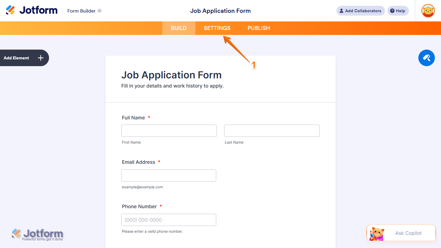 Jotform Form Builder with the Settings option visible in the orange navigation bar at the top of the page