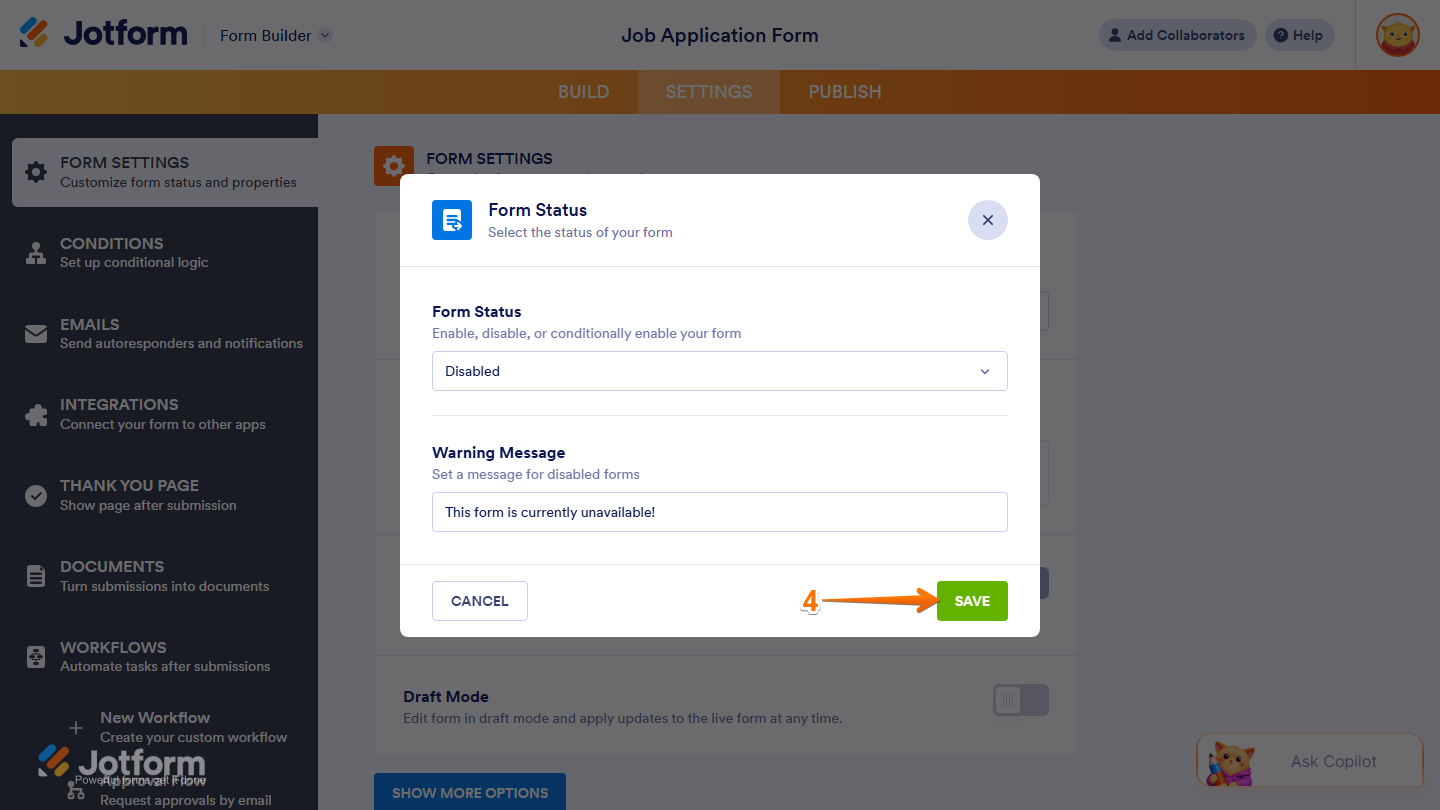 Jotform Form Status window with the Save button available to apply the selected form status settings
