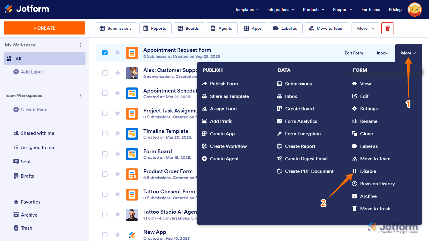 My Workspace page showing the 'More' menu with the 'Disable' option highlighted in Jotform