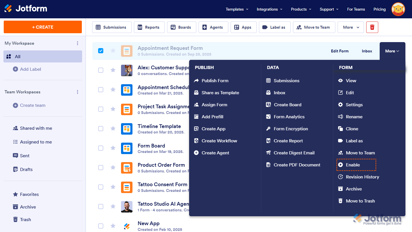 Option to enable a disabled form in Jotform