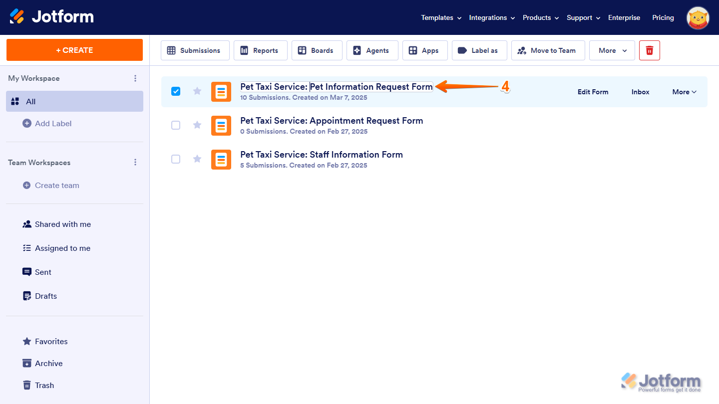 Renaming form on the Jotform My Workspace page