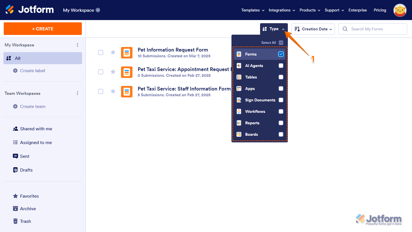 Opción de Formularios marcada en el menú desplegable Tipo en la página Mi Espacio de Trabajo de Jotform