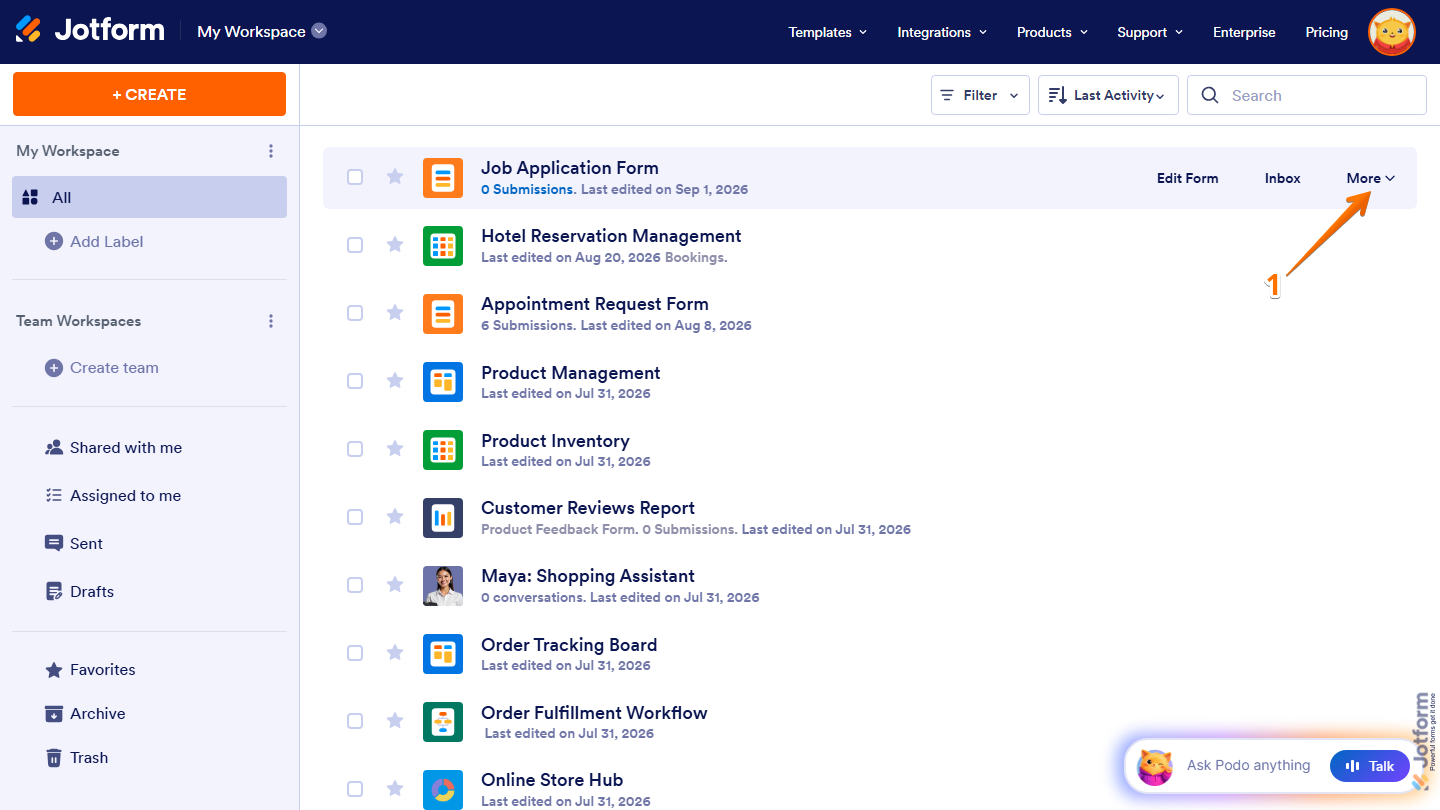 Jotform Workspace page showing a form with the More button on the right side, ready to open options for enabling or disabling the form
