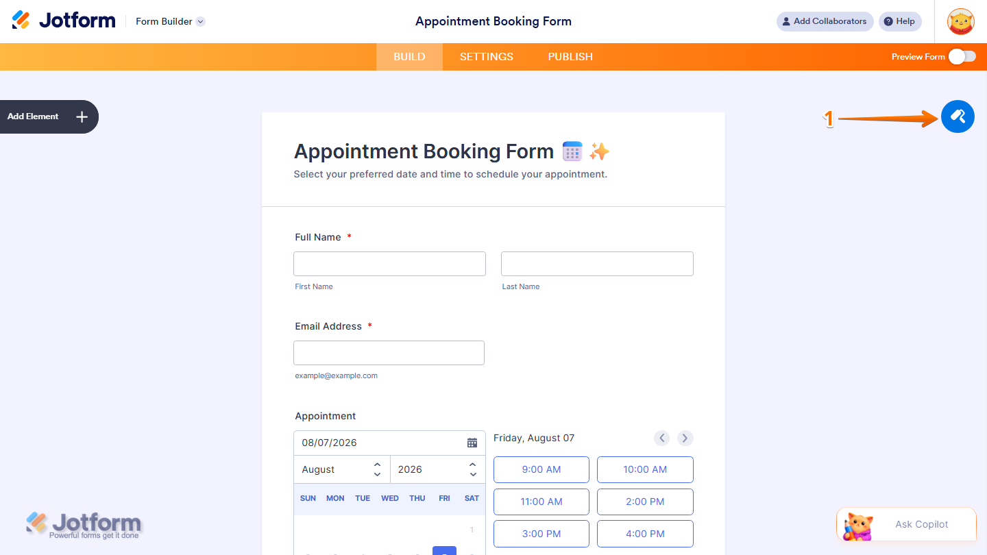 Jotform Form Builder with the Paint Roller icon highlighted in the top-right corner, used to open the form’s design and styling options