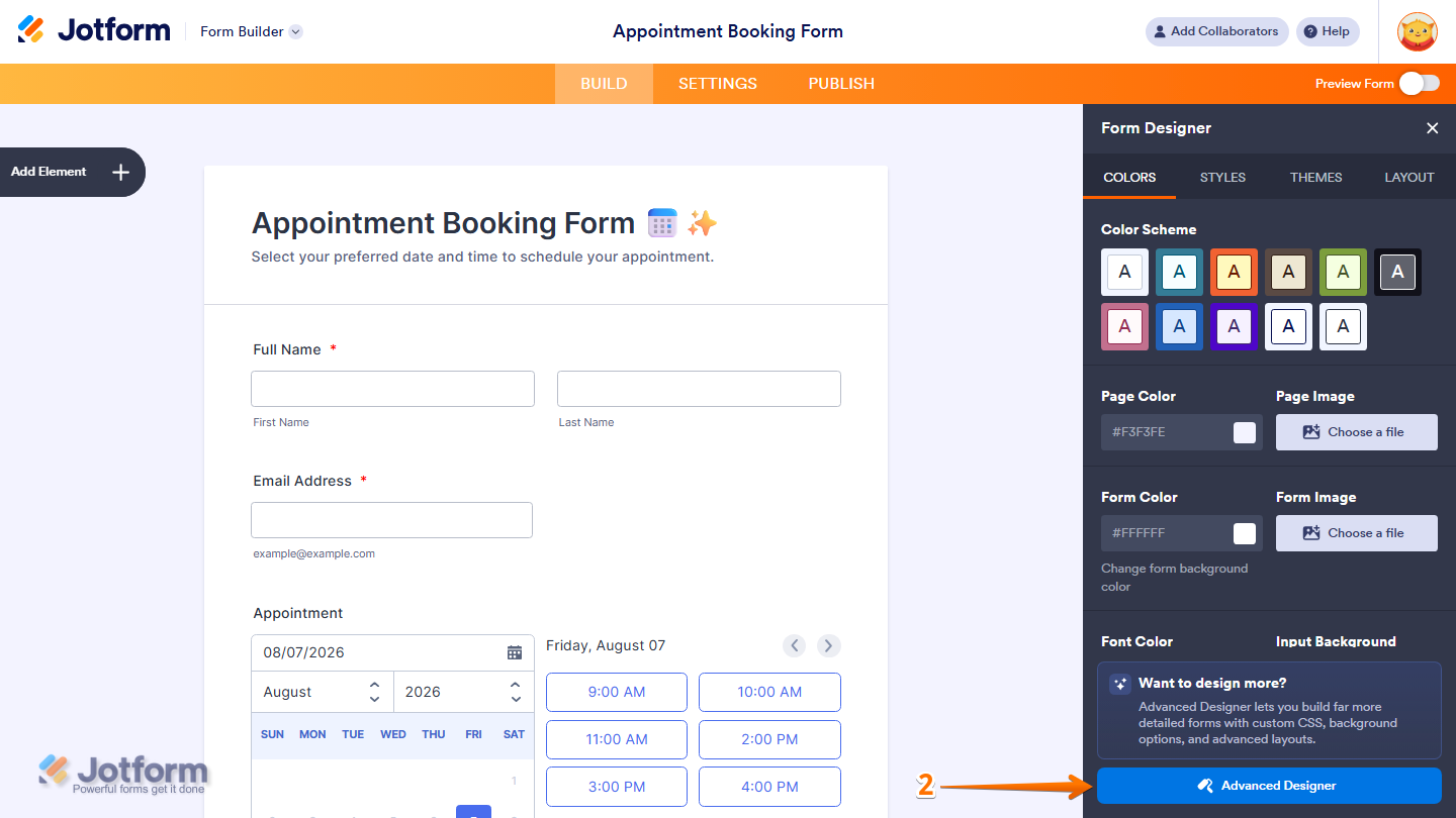 Jotform Form Designer menu showing the Colors or Styles tab with the Advanced Designer option available for detailed form customization